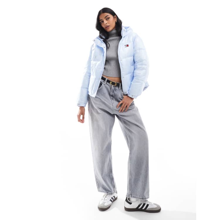 Tommy Jeans Shiny hooded puffer jacket in blue ASOS