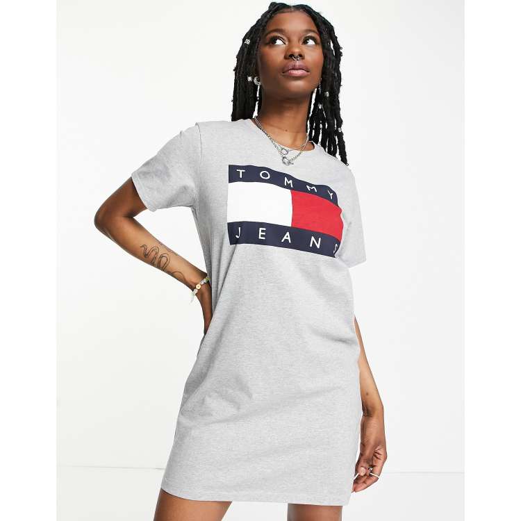 Tommy Jeans short sleeve flag logo t-shirt dress in gray