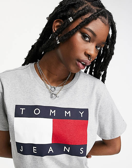 Tommy Jeans short sleeve flag logo t-shirt dress in gray | ASOS