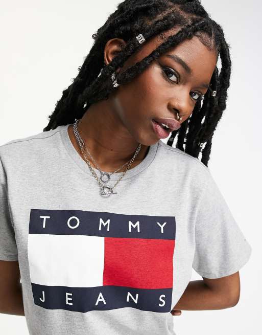 Tommy Jeans short sleeve flag logo t shirt dress in gray