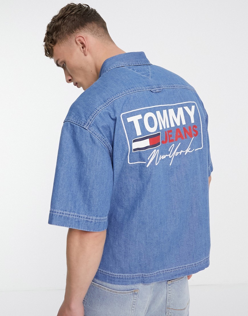 Tommy Jeans short sleeve loose back print worker shirt in denim light-Blues