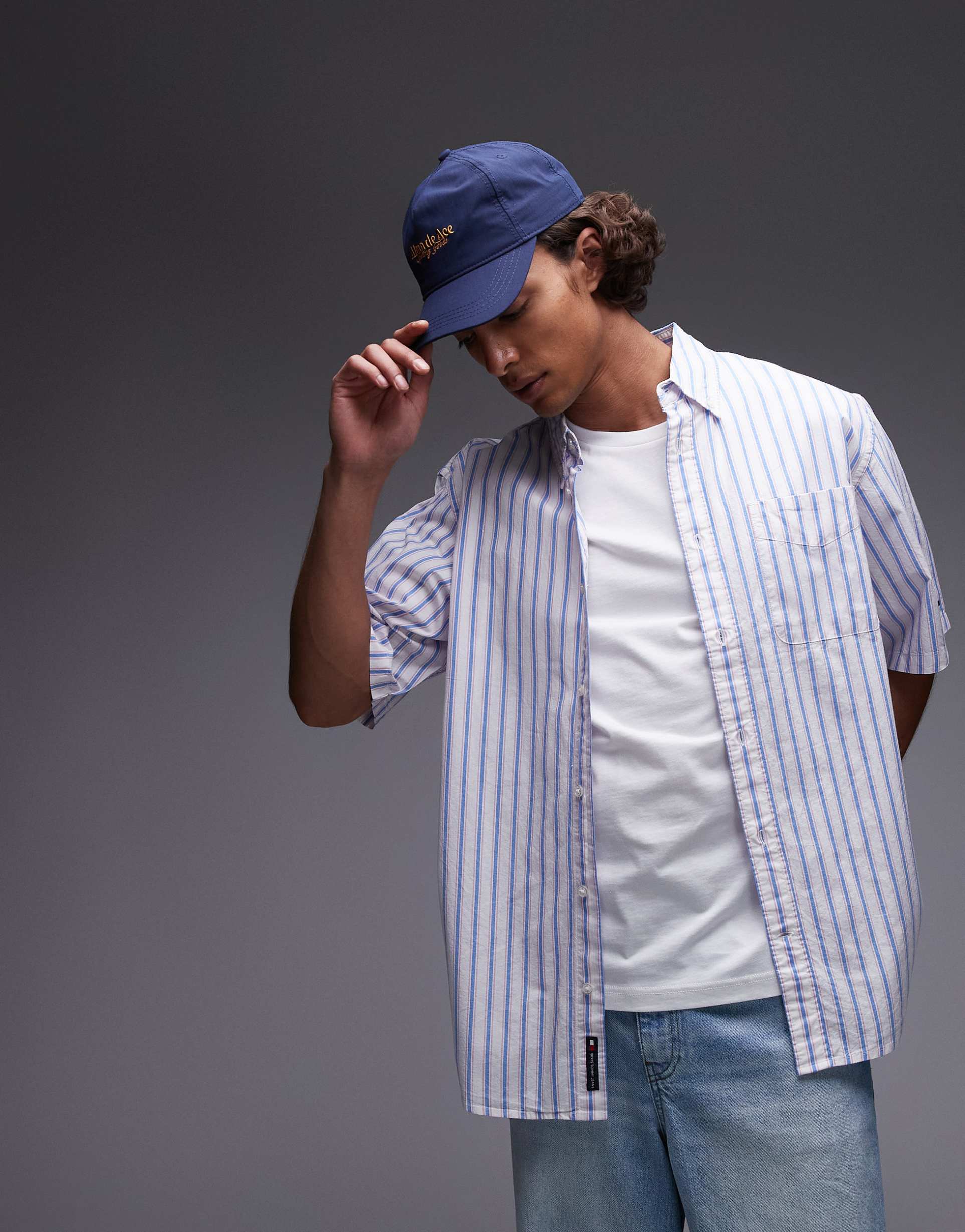 tommy jeans short sleeve shirt in blue and off white stripe