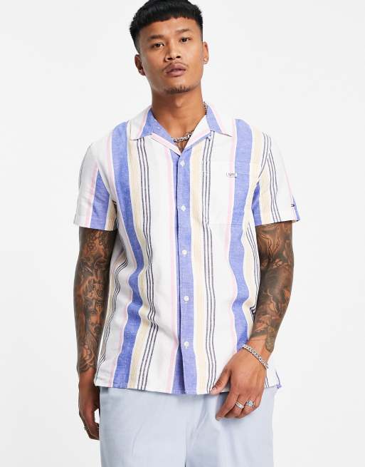 Tommy Jeans short sleeve stripe camp shirt in nightfall navy