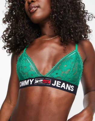 Tommy Hilfiger Tommy Jeans Signature Lace Unlined Triangle Bralette In Green