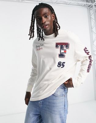 Tommy Jeans skater fit collegiate logo long sleeve top in off white