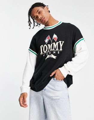 Tommy Jeans skater fit modern prep collegiate logo layered knit long sleeve t-shirt in black
