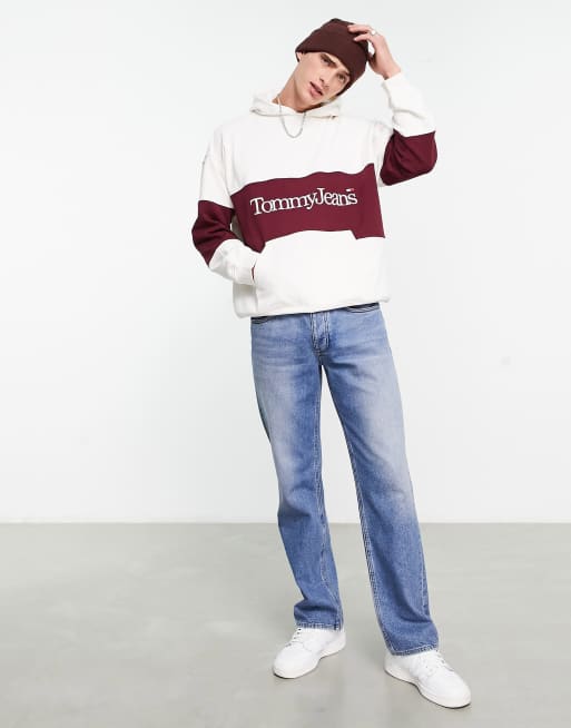 Tommy Jeans skater fit serif linear logo color block hoodie in off white |  ASOS