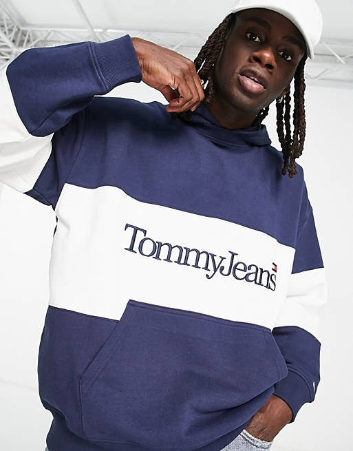 Tommy Jeans skater fit serif linear logo colourblock hoodie in navy | ASOS