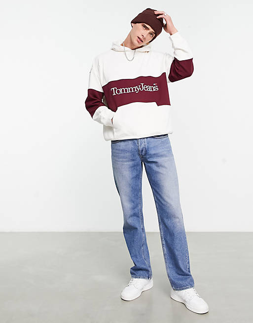 Tommy Jeans skater fit serif linear logo colourblock hoodie in off white |  ASOS
