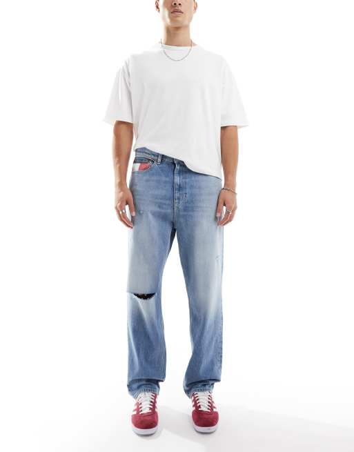 Tommy Jeans skater ripped jeans in mid wash with flag details