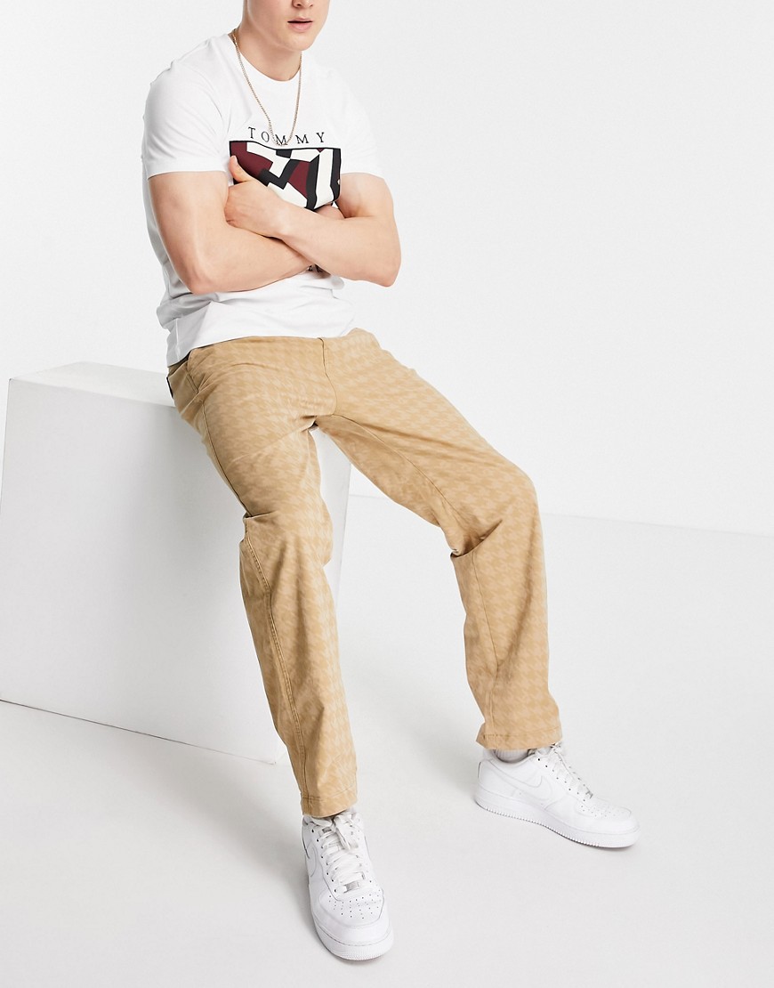 Tommy Jeans skater straight fit tonal houndstooth print pants in khaki beige-Neutral