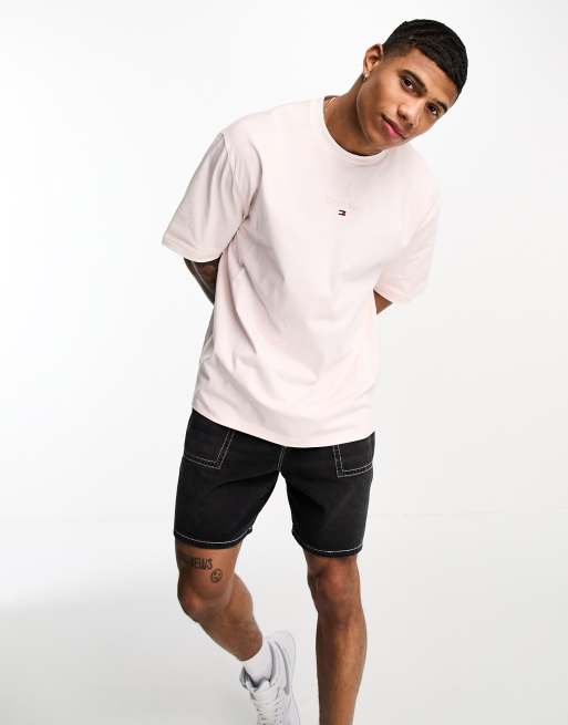 Tommy Jeans – Skater-T-Shirt in Rosa mit linearem Logo und gerippten Details