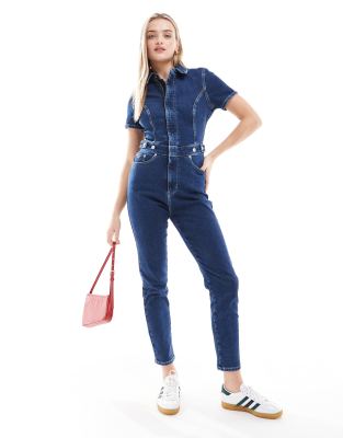 Tommy Jeans skinny denim jumpsuit in mid wash-Blue