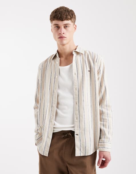 Tommy Jeans - Skjorte med brune striber i hørblanding - view 1