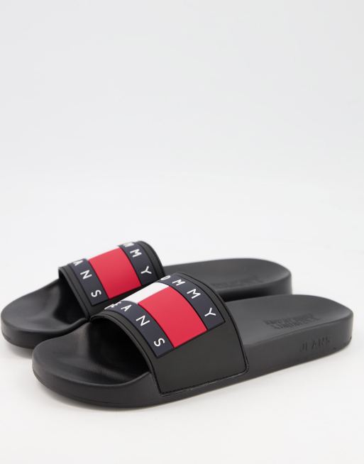 Tommy Jeans sliders with flag logo in black