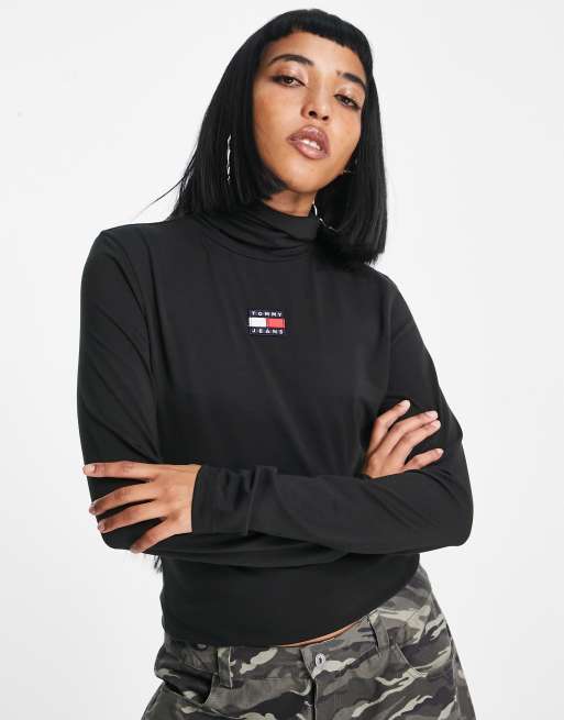 Tommy Jeans slim badge turtle neck top in black | ASOS