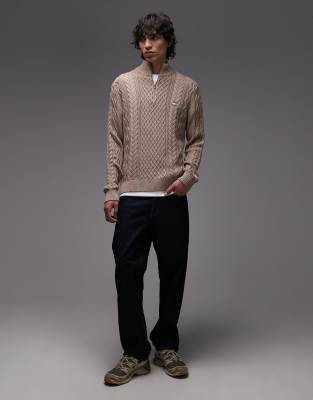 Tommy Jeans Slim Cable Knit 1/4 Zip Sweater In Brown