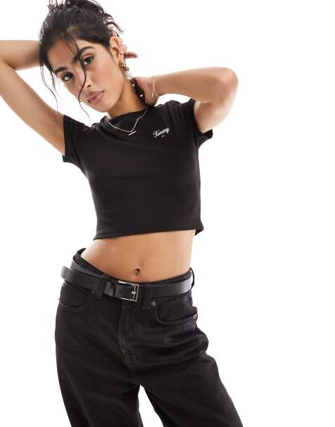 Tommy Jeans slim cropped script T-shirt in black - view 1