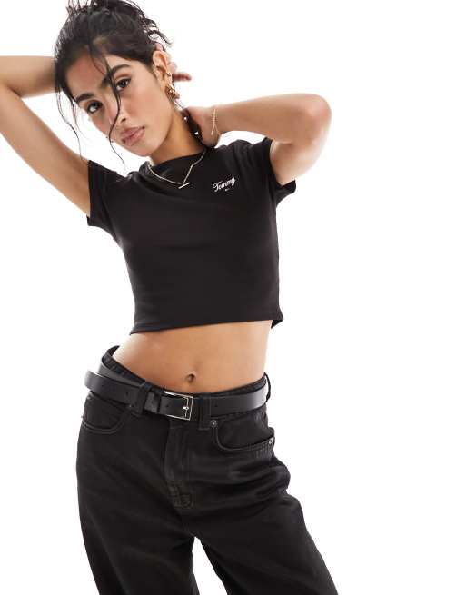 Tommy Jeans slim cropped script T-shirt in black
