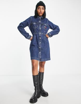 Tommy Jeans slim denim button up dress in dark wash