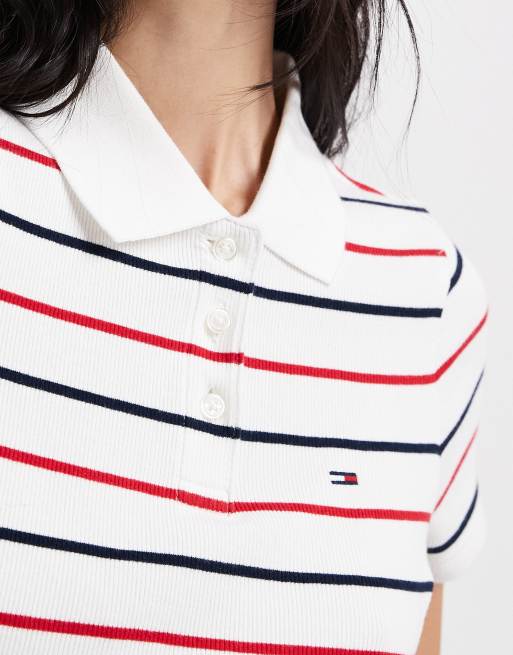 Tommy Jeans - Slim-fit geribbeld poloshirt in marineblauw/rood gestreept, 3 van 4