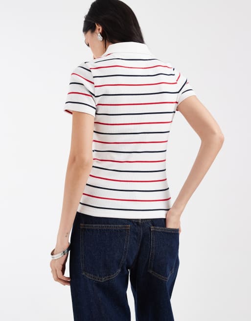 Tommy Jeans - Slim-fit geribbeld poloshirt in marineblauw/rood gestreept, 4 van 4