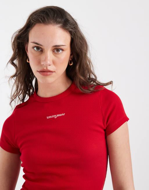 Tommy Jeans - Slim-fit geribbeld T-shirt met geschreven logo in rood, 4 van 4