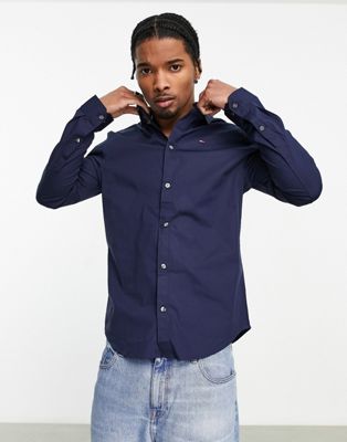 Tommy Jeans slim fit stretch shirt in navy - ASOS Price Checker