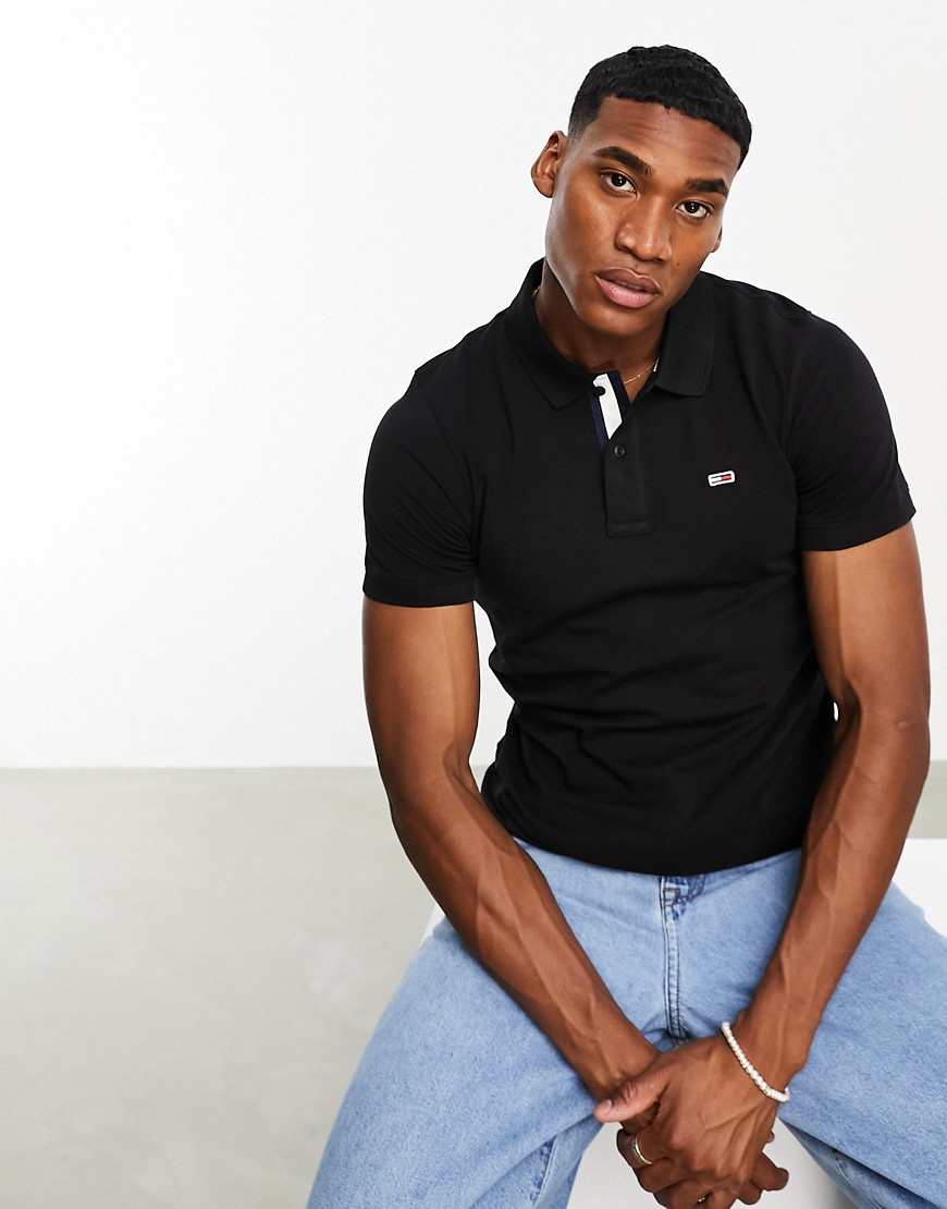 Tommy Jeans slim placket short sleeve polo shirt in black