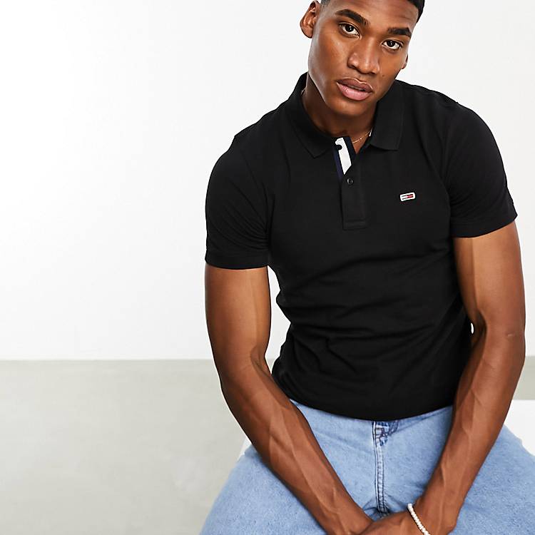 Tommy Jeans slim placket short sleeve polo shirt in black | ASOS