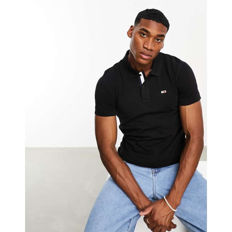 Tommy Jeans slim placket short sleeve polo shirt in black