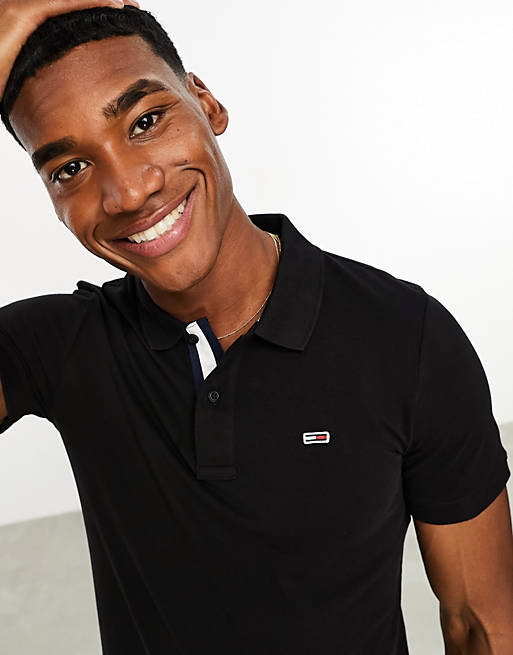 Tommy Jeans slim placket short sleeve polo shirt in black | ASOS