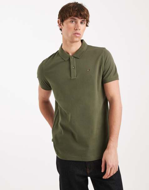 Tommy Jeans slim placket short sleeve polo shirt in dark green 