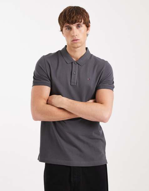 Tommy Jeans slim placket short sleeve polo shirt in washed black - view 1