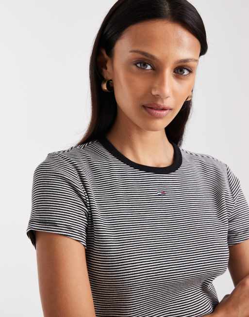 Tommy Jeans slim rib knit ringer t-shirt in black and white stripes, 2 of 4