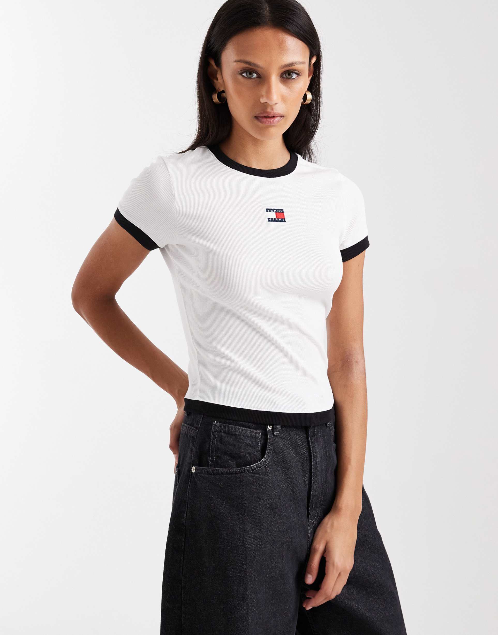 tommy jeans slim rib knit ringer t-shirt in white
