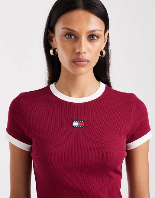 Tommy Jeans slim rib ringer t-shirt in burgundy, 2 of 4