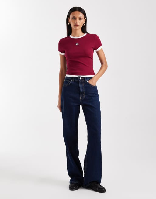 Tommy Jeans slim rib ringer t-shirt in burgundy, 3 of 4