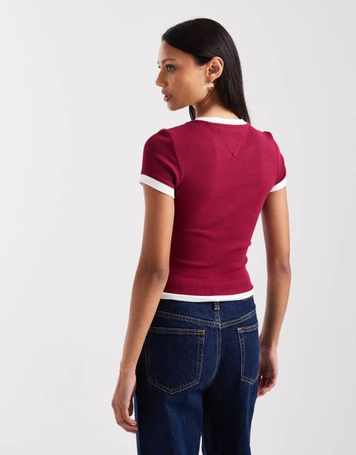 Tommy Jeans slim rib ringer t-shirt in burgundy, 4 of 4