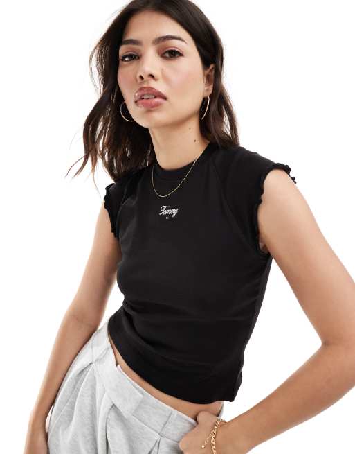 Tommy Jeans slim ruched script t-shirt in black