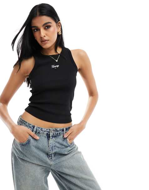 Tommy Jeans slim script tank in black - view 1