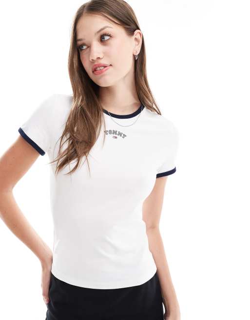Tommy Jeans - Smal varsity-T-shirt met gekleurde boorden in wit