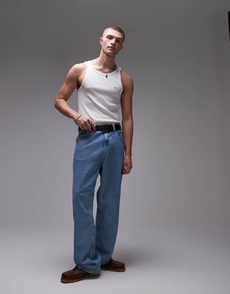 Tommy Jeans small flag ribbed singlet top in white - view 1