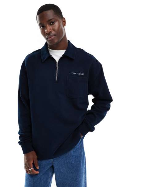 Tommy Jeans small logo 1/4 zip sweatshirt in washed navy - view 1