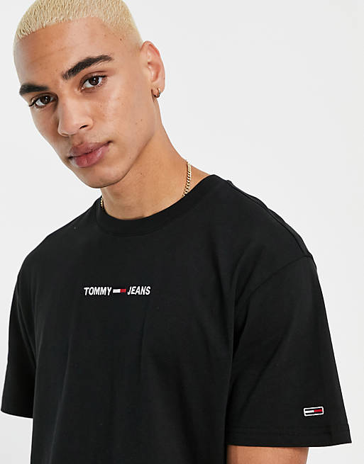 Tommy Jeans small text chest logo T-shirt in black | ASOS