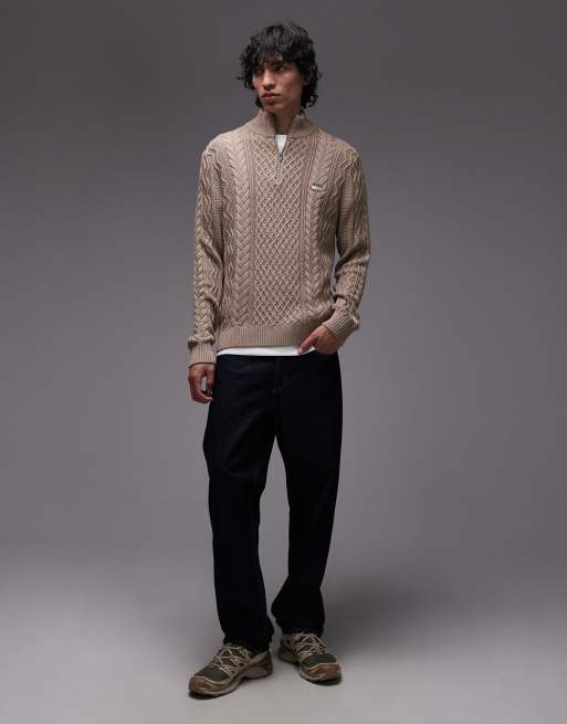 Tommy Jeans - Smalle kabeltrui met 1/4 rits in taupe, 2 van 5