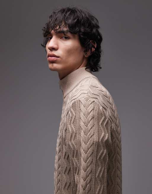 Tommy Jeans - Smalle kabeltrui met 1/4 rits in taupe, 4 van 5