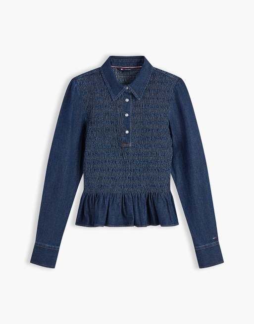Tommy Jeans Smock-Chambray-Schößchenhemd in dunklem Denim, 5 von 6