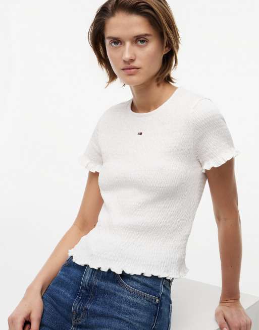 Tommy Jeans Smock flag embroidery slim t-shirt in white, 3 of 6