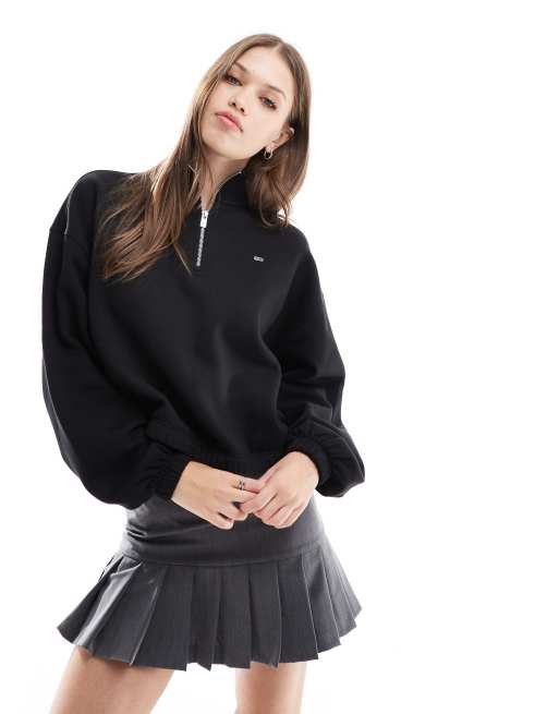 Tommy Jeans - Sort sweatshirt med firkantet pasform og lynlås i halsen